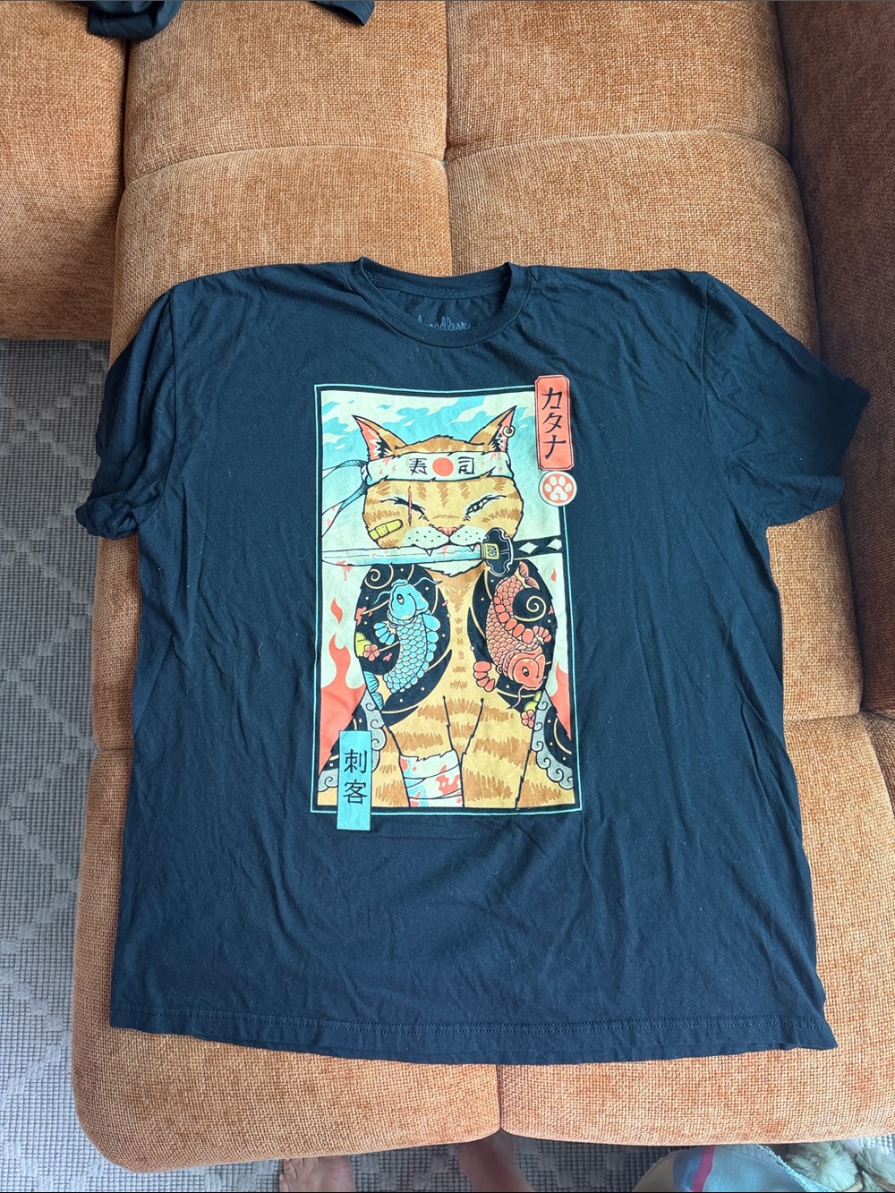 Threadless Black Cat Graphic Tee with Colorful Koi Design